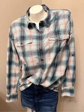 Ariat Womens Rebar Made Tough DuraStretch Work Shirt Plaid Sz L Roll Tab Sleeve